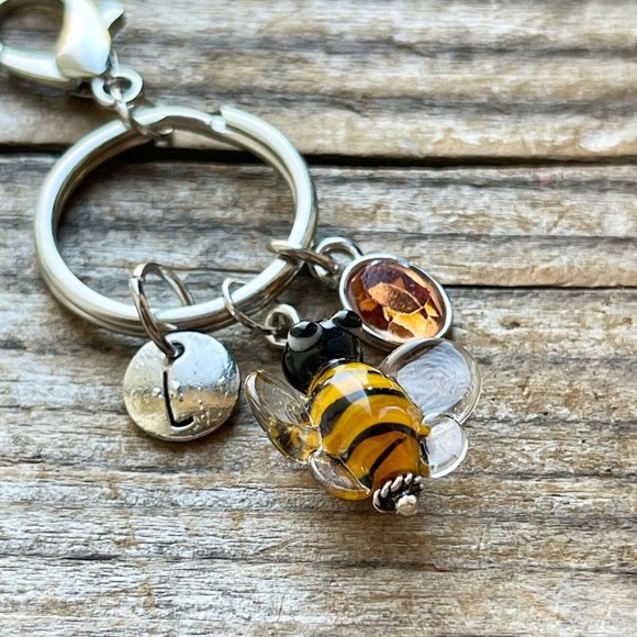 Personalized Bee Keychain / Purse Charm With Initial And Rhinestone Charm - Picture 1 of 4
